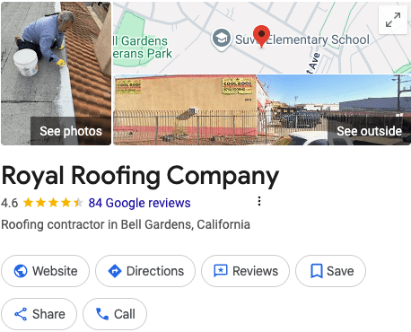 Google listing for Royal Roofing Company in Bell Gardens, California, showing a worker on a roof, a street view of the business, and a map location near a school and park.